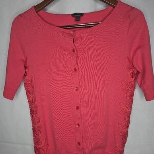 Talbots Cardigan Coral Pink Short Sleeve Lace Sides Pima Cotton Stretch S